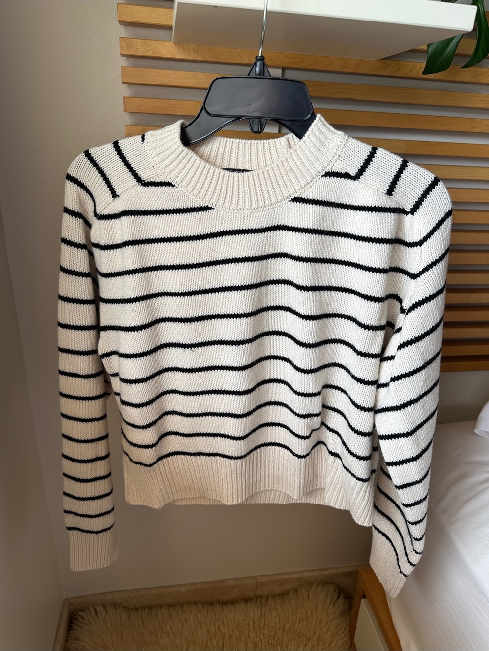 T Tahari Cream and Black Striped Crewneck Sweater